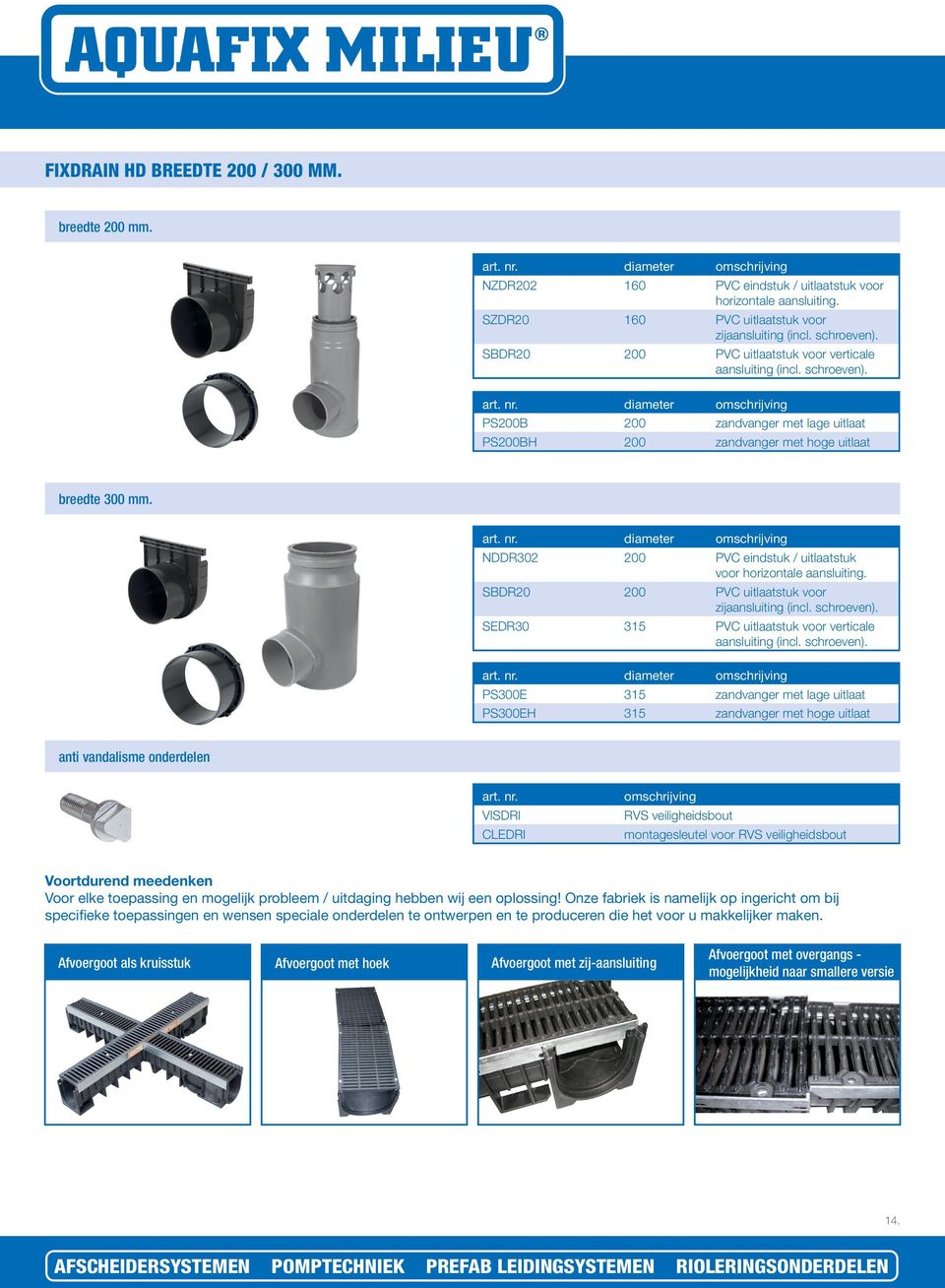 diameter omschrijving PS200B 200 zandvanger met lage uitlaat PS200BH 200 zandvanger met hoge uitlaat breedte 300 mm. art. nr.