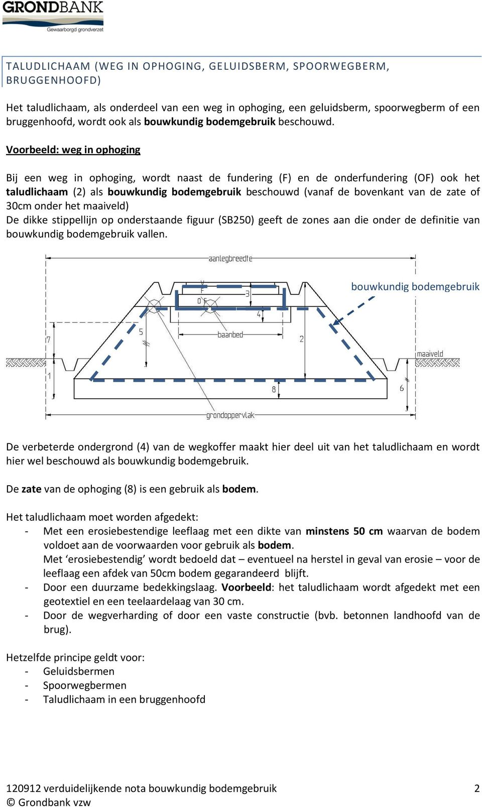 Voorbeeld: weg in ophoging Bij een weg in ophoging, wordt naast de fundering (F) en de onderfundering (OF) ook het taludlichaam (2) als bouwkundig bodemgebruik beschouwd (vanaf de bovenkant van de