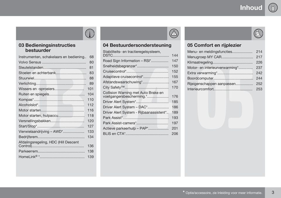 .. 89 Afstandswaarschuwing*... 167 Wissers en -sproeiers... 101 City Safety... 170 Ruiten en spiegels... 104 Collision Warning met Auto Brake en voetgangersbescherming.*... 176 Kompas*.