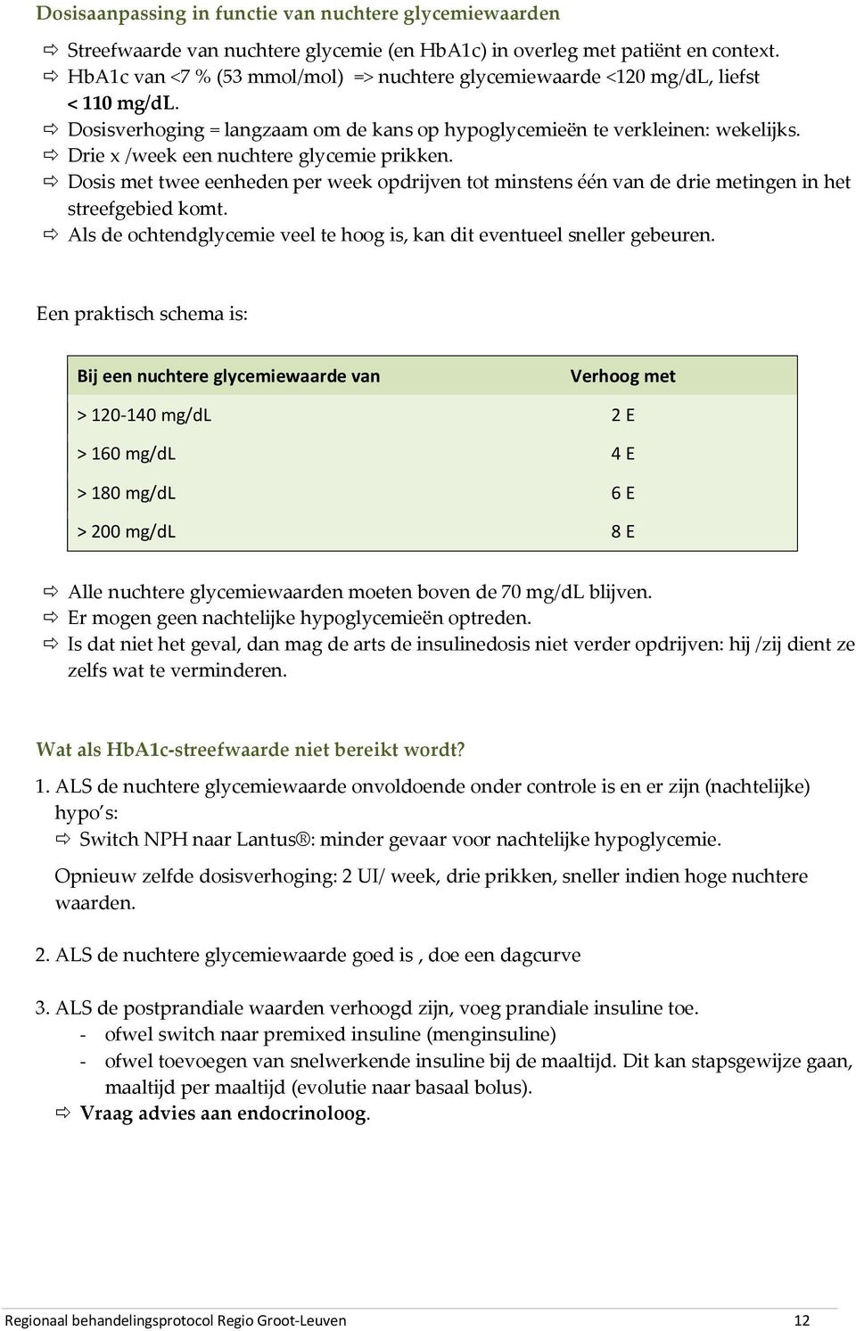 Drie x /week een nuchtere glycemie prikken. Dosis met twee eenheden per week opdrijven tot minstens één van de drie metingen in het streefgebied komt.