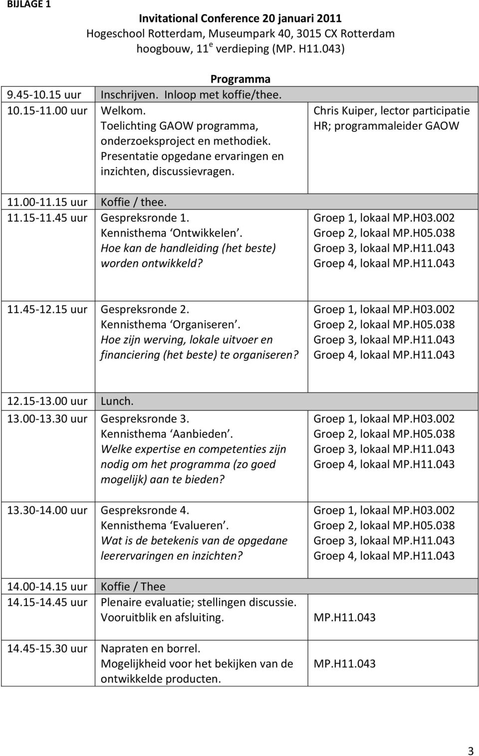 15 uur Koffie / thee. 11.15-11.45 uur Gespreksronde 1. Kennisthema Ontwikkelen. Hoe kan de handleiding (het beste) worden ontwikkeld?