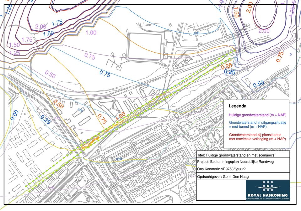 50 Grondwaterstand in uitgangssituatie = met tunnel (m + NAP) Grondwaterstand bij plansitutatie met maximale verhoging (m +