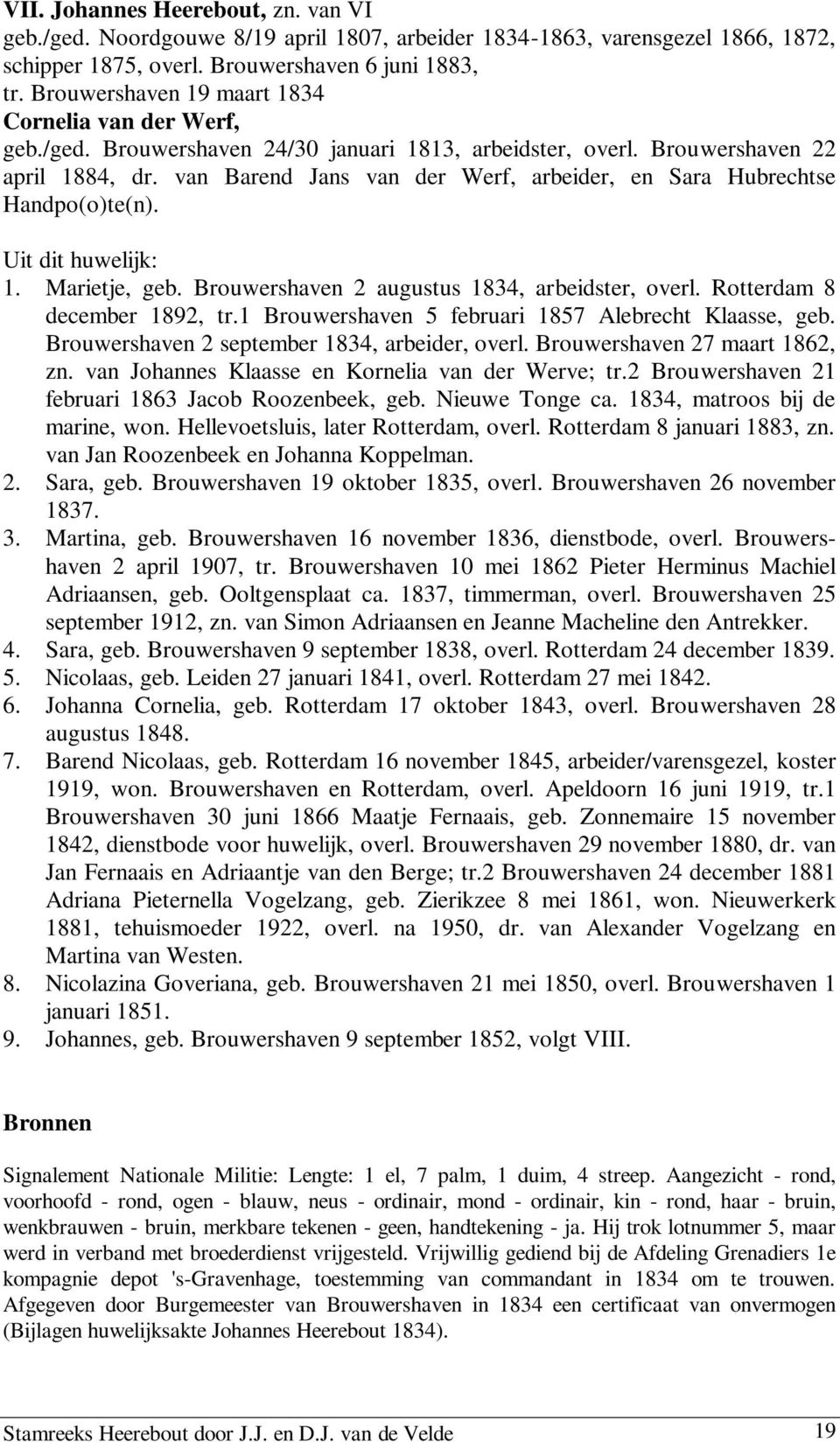 van Barend Jans van der Werf, arbeider, en Sara Hubrechtse Handpo(o)te(n). Uit dit huwelijk: 1. Marietje, geb. Brouwershaven 2 augustus 1834, arbeidster, overl. Rotterdam 8 december 1892, tr.