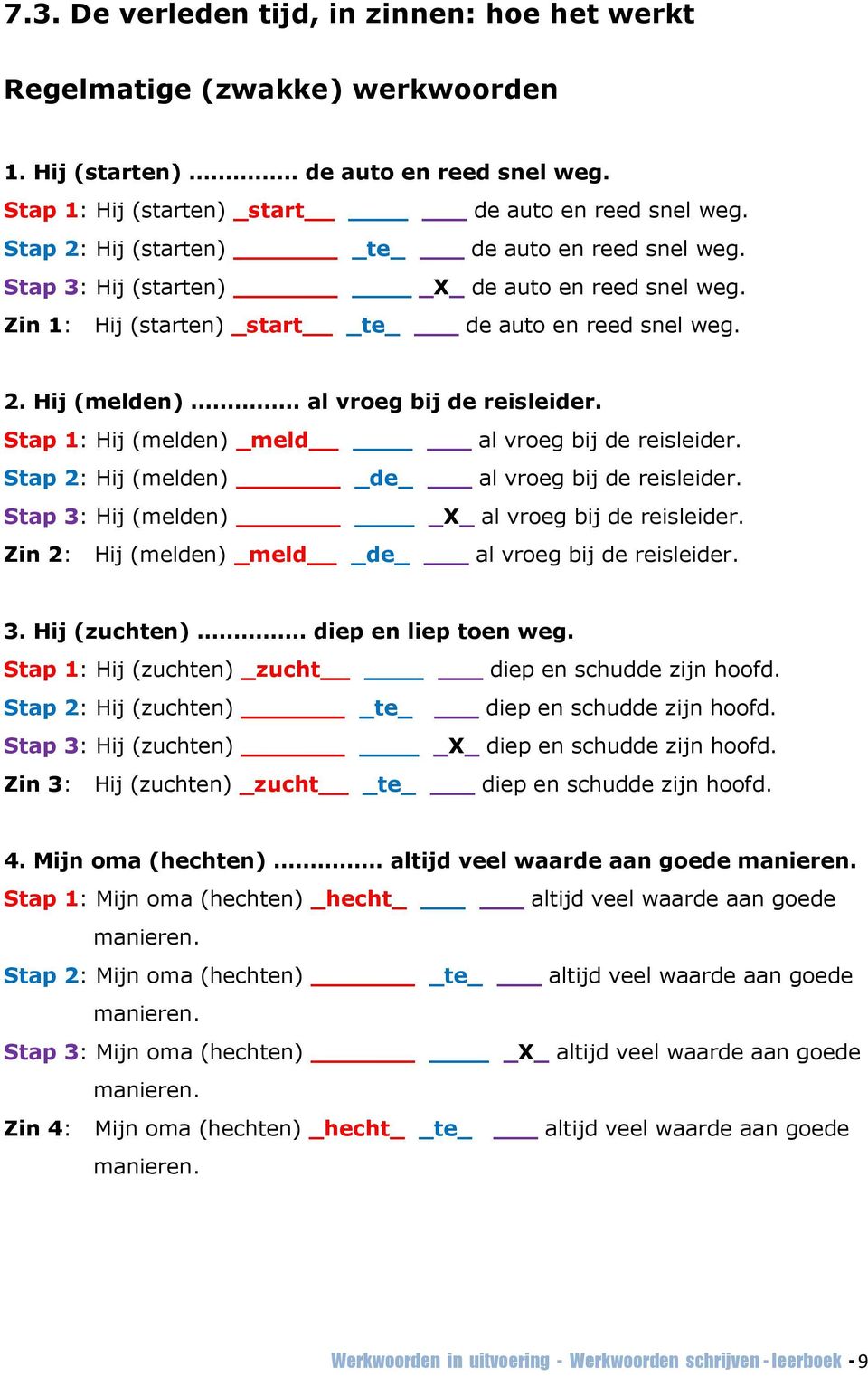 Stap 1: Hij (melden) _meld al vroeg bij de reisleider. Stap 2: Hij (melden) de al vroeg bij de reisleider. Stap 3: Hij (melden) _X_ al vroeg bij de reisleider.