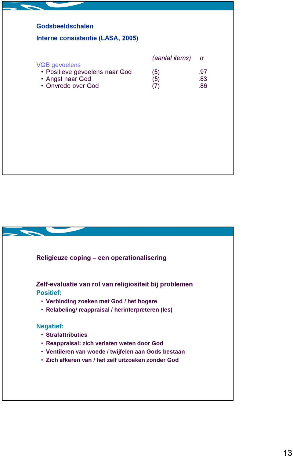 86 Religieuze coping een operationalisering Zelf-evaluatie van rol van religiositeit bij problemen Positief: Verbinding zoeken met