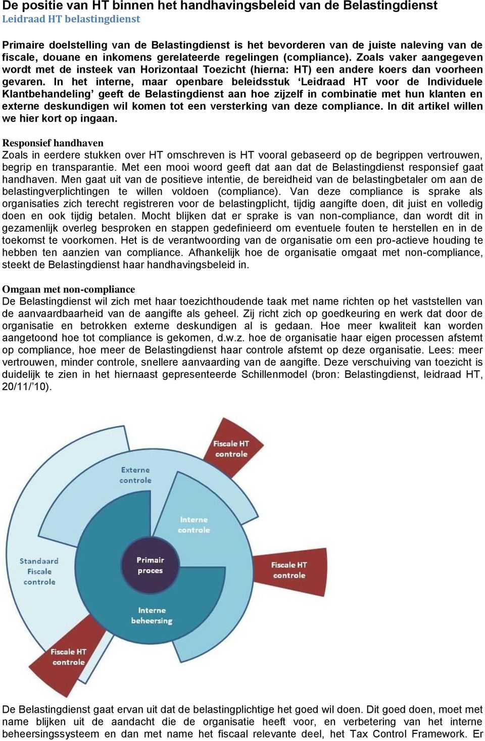 In het interne, maar openbare beleidsstuk Leidraad HT voor de Individuele Klantbehandeling geeft de Belastingdienst aan hoe zijzelf in combinatie met hun klanten en externe deskundigen wil komen tot