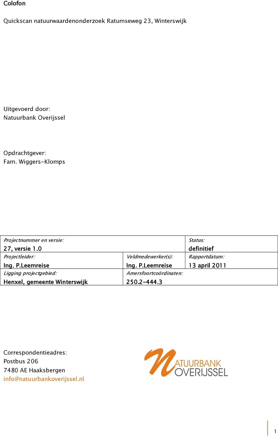 ojectnummer en versie: 27, versie 1.0 Pr