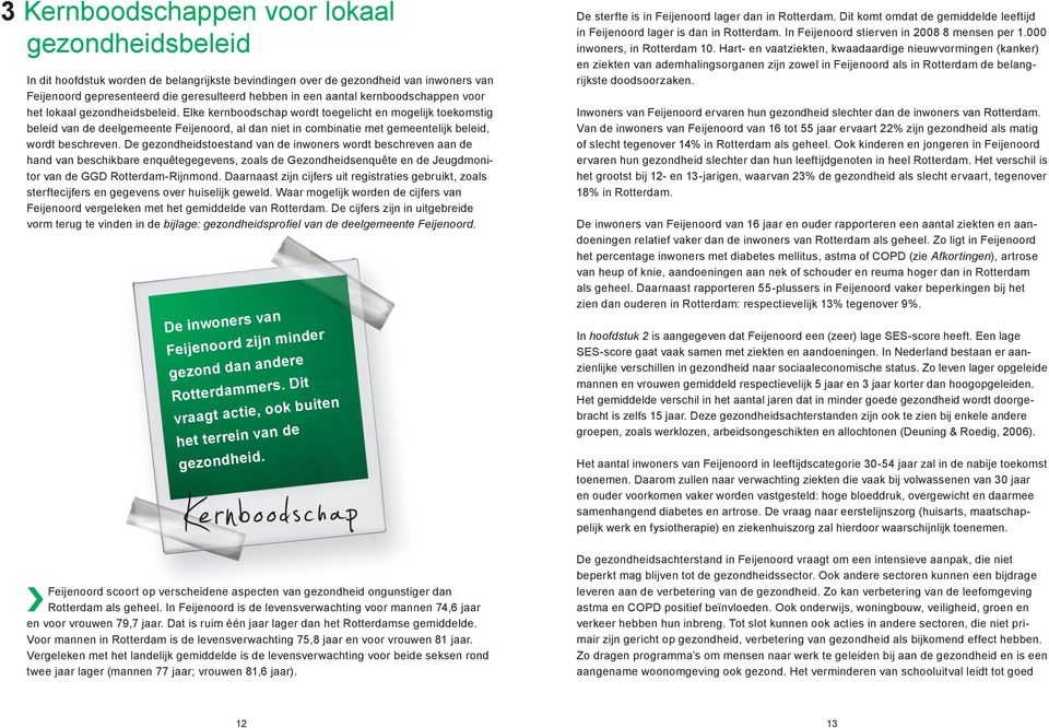 Elke kernboodschap wordt toegelicht en mogelijk toekomstig beleid van de deelgemeente Feijenoord, al dan niet in combinatie met gemeentelijk beleid, wordt beschreven.