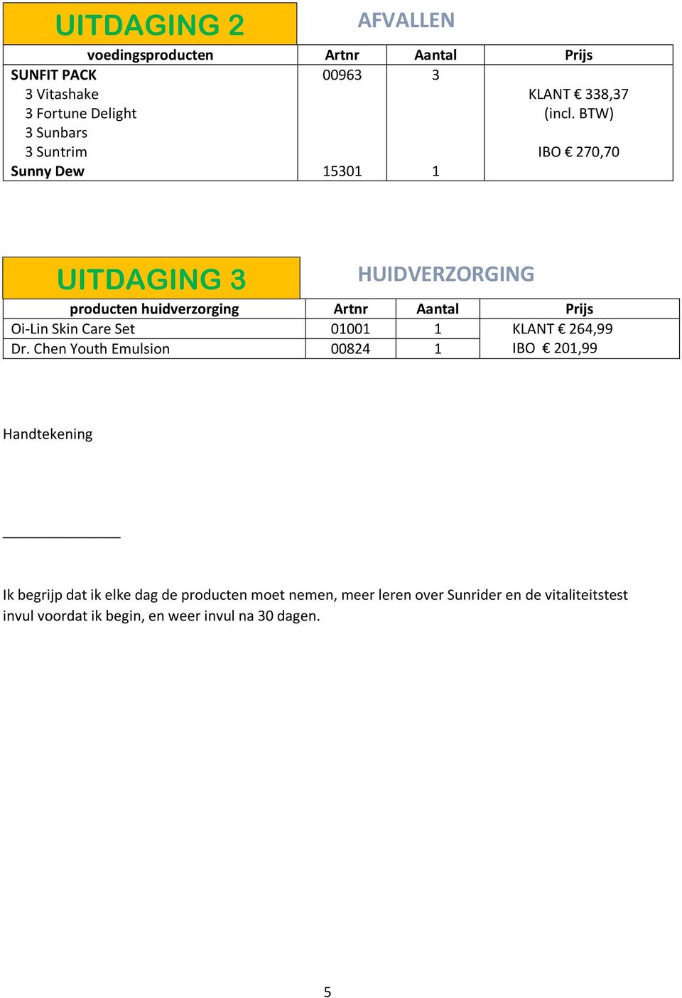 BTW) IBO 270,70 UITDAGING 3 HUIDVERZORGING producten huidverzorging Artnr Aantal Prijs Oi-Lin Skin Care Set 01001 1 KLANT