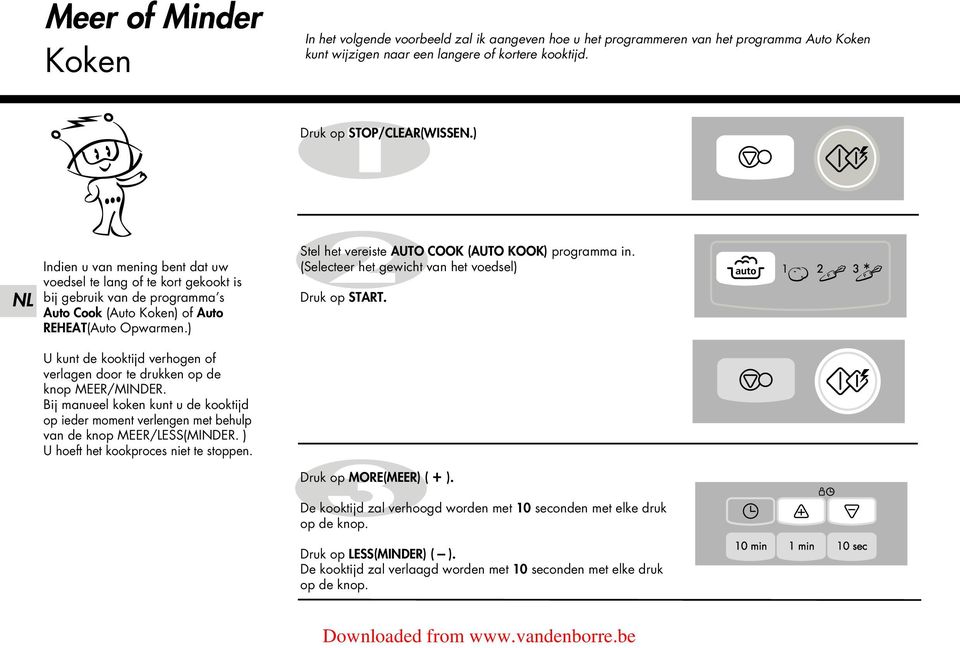 ) Stel het vereiste AUTO COOK (AUTO KOOK) programma in. (Selecteer het gewicht van het voedsel) Druk op START. U kunt de kooktijd verhogen of verlagen door te drukken op de knop MEER/MINDER.