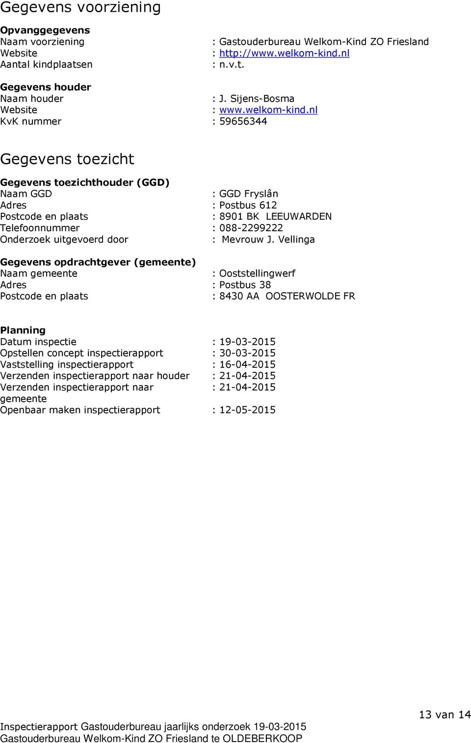 nl KvK nummer : 59656344 Gegevens toezicht Gegevens toezichthouder (GGD) Naam GGD : GGD Fryslân Adres : Postbus 612 Postcode en plaats : 8901 BK LEEUWARDEN Telefoonnummer : 088-2299222 Onderzoek