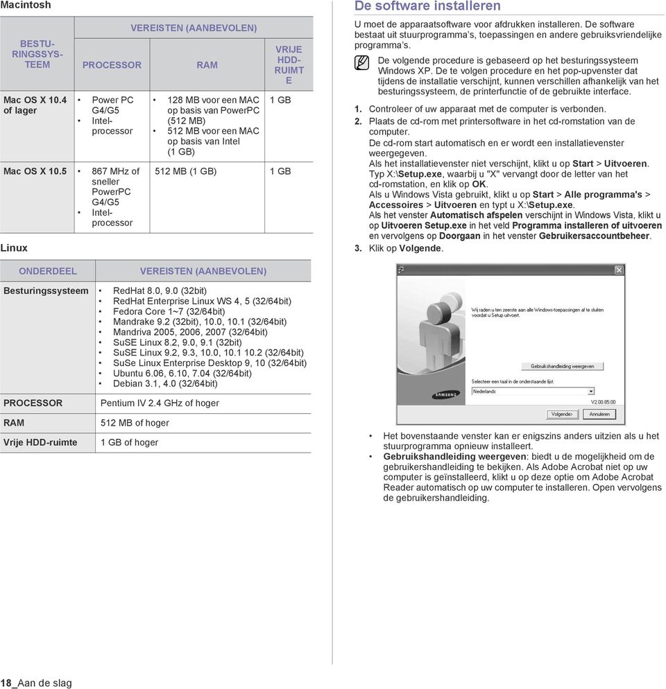 512 MB (1 GB) 1 GB De software installeren U moet de apparaatsoftware voor afdrukken installeren. De software bestaat uit stuurprogramma s, toepassingen en andere gebruiksvriendelijke programma s.