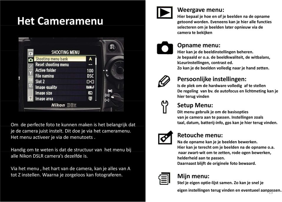 Dit doe je via het cameramenu. Het menu activeer je via de menutoets. Handig dg om te weten is dat de structuur van het menu ubj bij alle Nikon DSLR camera s dezelfde is.