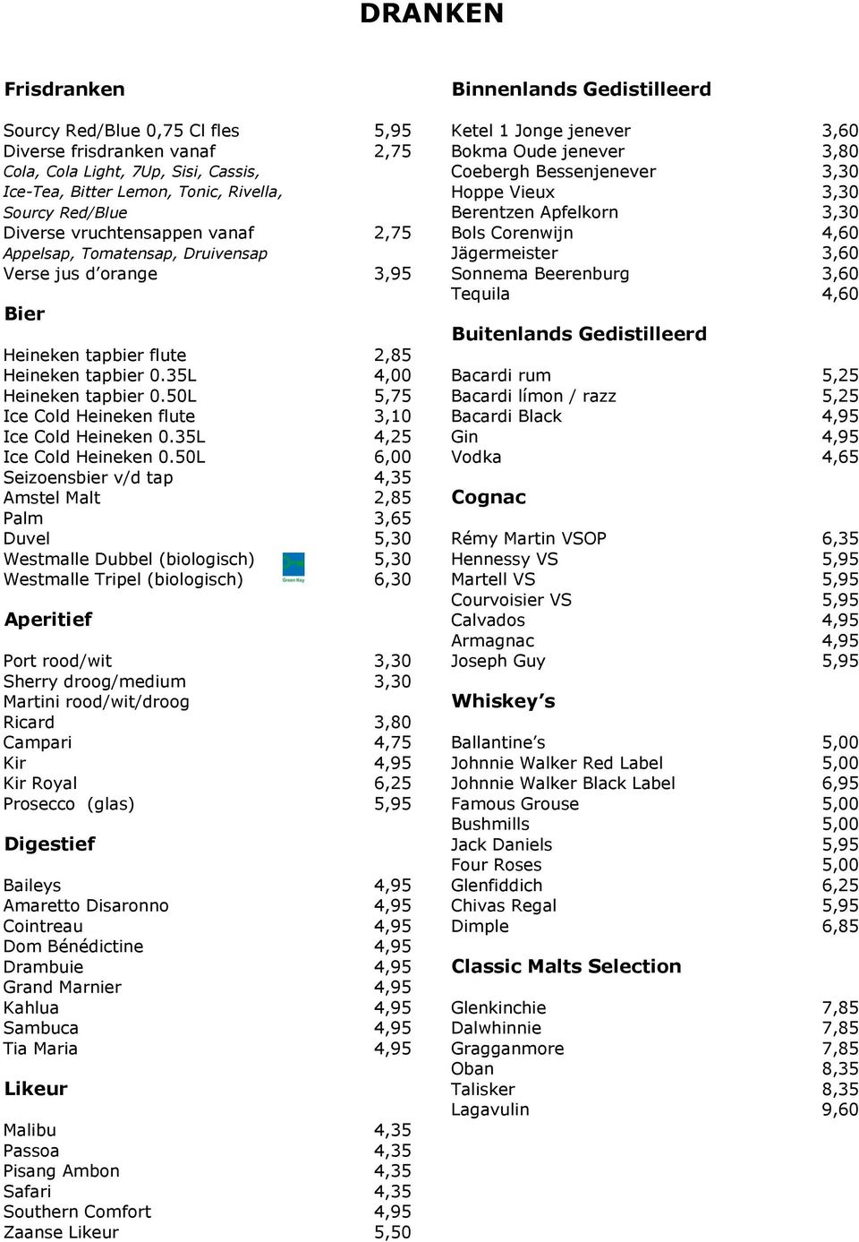 Tomatensap, Druivensap Jägermeister 3,60 Verse jus d orange 3,95 Sonnema Beerenburg 3,60 Tequila 4,60 Bier Buitenlands Gedistilleerd Heineken tapbier flute 2,85 Heineken tapbier 0.