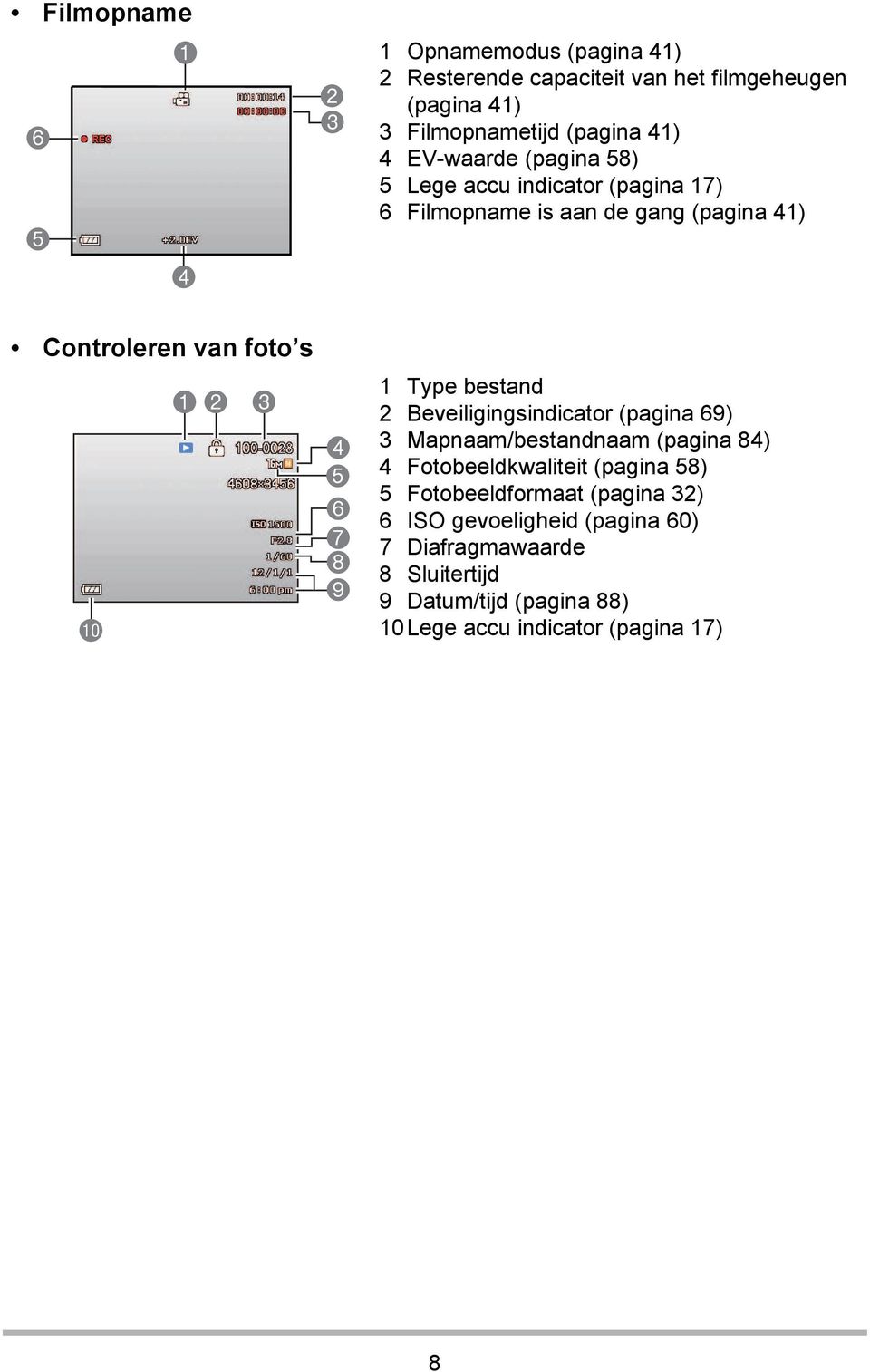 41) 1 Type bestand 2 Beveiligingsindicator (pagina 69) 3 Mapnaam/bestandnaam (pagina 84) 4 Fotobeeldkwaliteit (pagina 58) 5