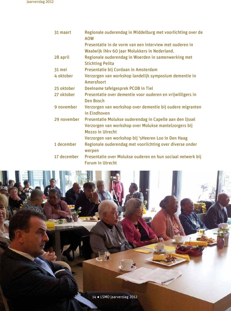 25 oktober Deelname tafelgesprek PCOB in Tiel 27 oktober Presentatie over dementie voor ouderen en vrijwilligers in Den Bosch 9 november Verzorgen van workshop over dementie bij oudere migranten in