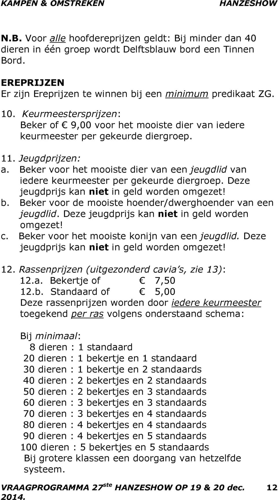 Beker voor het mooiste dier van een jeugdlid van iedere keurmeester per gekeurde diergroep. Deze jeugdprijs kan niet in geld worden omgezet! b.