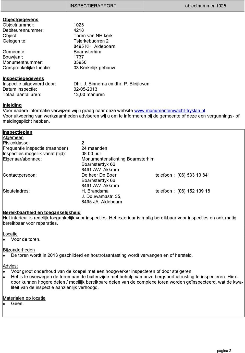 Bleijleven Datum inspectie: 02-05-2013 Totaal aantal uren: 13,00 manuren Inle