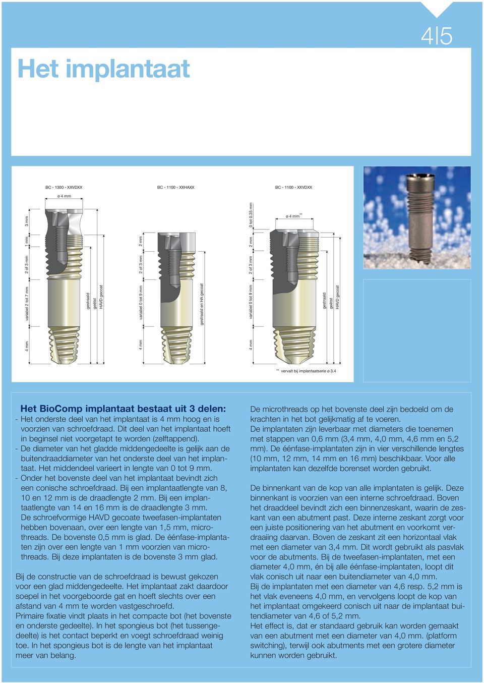 4 Het BioComp implantaat bestaat uit 3 delen: - Het onderste deel van het implantaat is 4 mm hoog en is voorzien van schroefdraad.