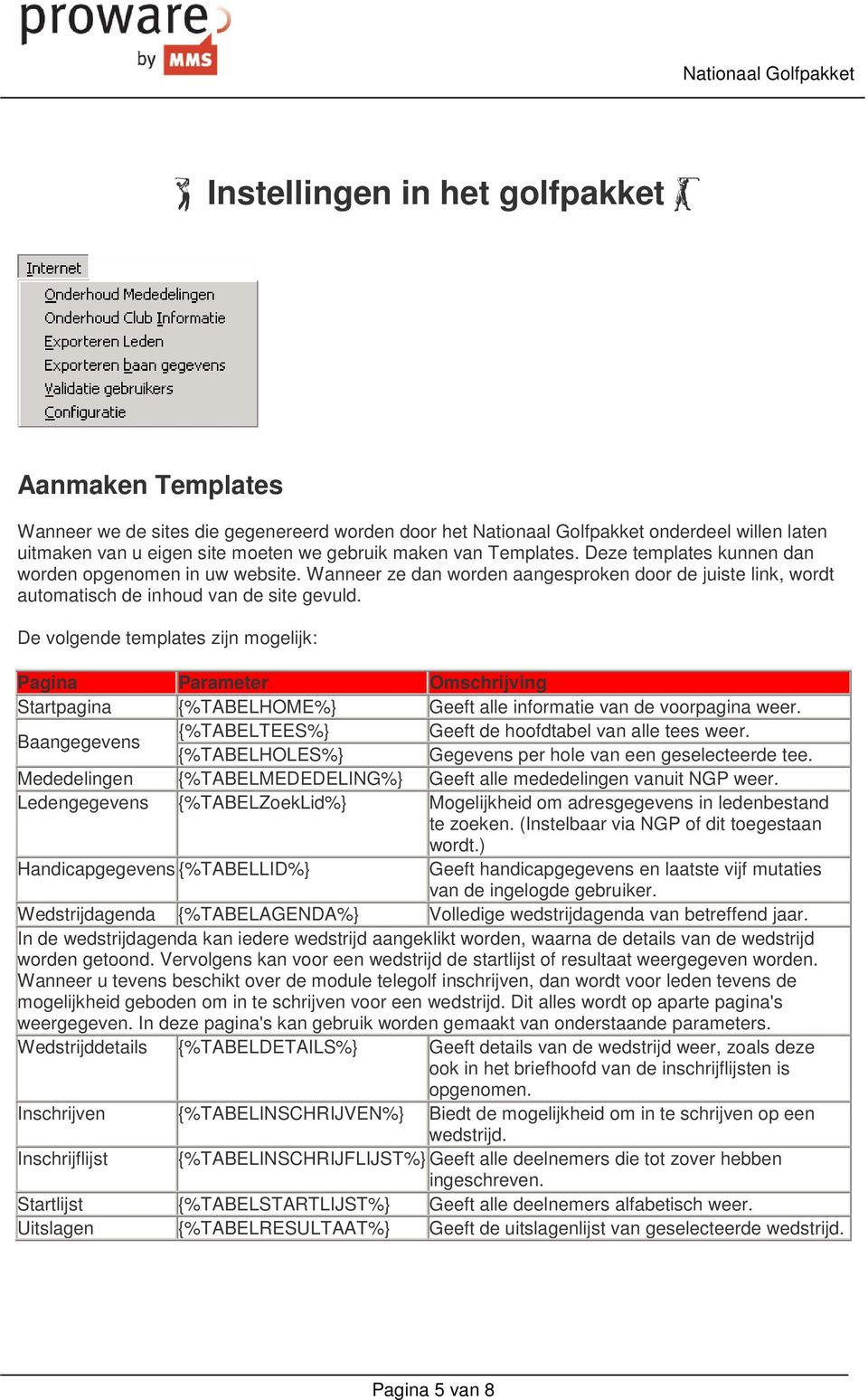 De volgende templates zijn mogelijk: Pagina Parameter Omschrijving Startpagina {%TABELHOME%} Geeft alle informatie van de voorpagina weer.