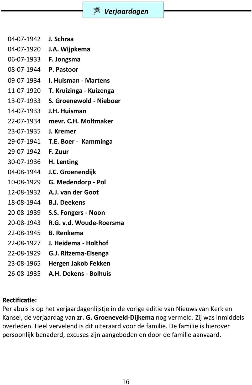 Medendorp - Pol 12-08-1932 A.J. van der Goot 18-08-1944 B.J. Deekens 20-08-1939 S.S. Fongers - Noon 20-08-1943 R.G. v.d. Woude-Roersma 22-08-1945 B. Renkema 22-08-1927 J.