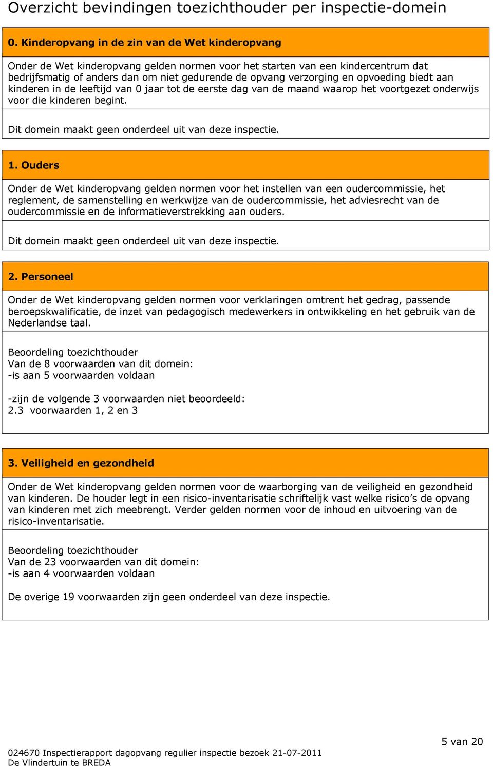 opvoeding biedt aan kinderen in de leeftijd van 0 jaar tot de eerste dag van de maand waarop het voortgezet onderwijs voor die kinderen begint. Dit domein maakt geen onderdeel uit van deze inspectie.