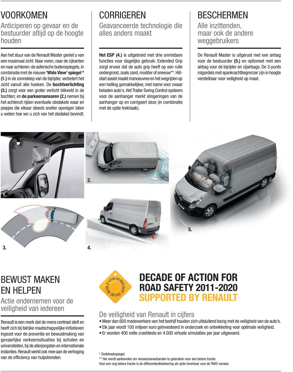 ) in de zonneklep van de bijrijder, verbetert het zicht vanuit alle hoeken. De bochtverlichting (3.) zorgt voor een groter verlicht blikveld in de bochten; en de parkeersensoren (2.