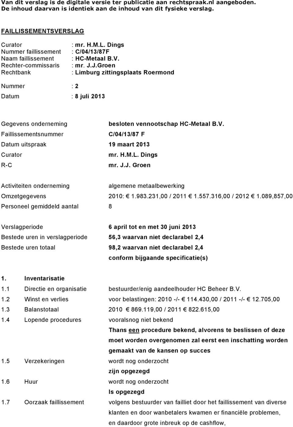 J.Groen : Limburg zittingsplaats Roermond Nummer : 2 Datum : 8 juli 2013 Gegevens onderneming besloten vennootschap HC-Metaal B.V.