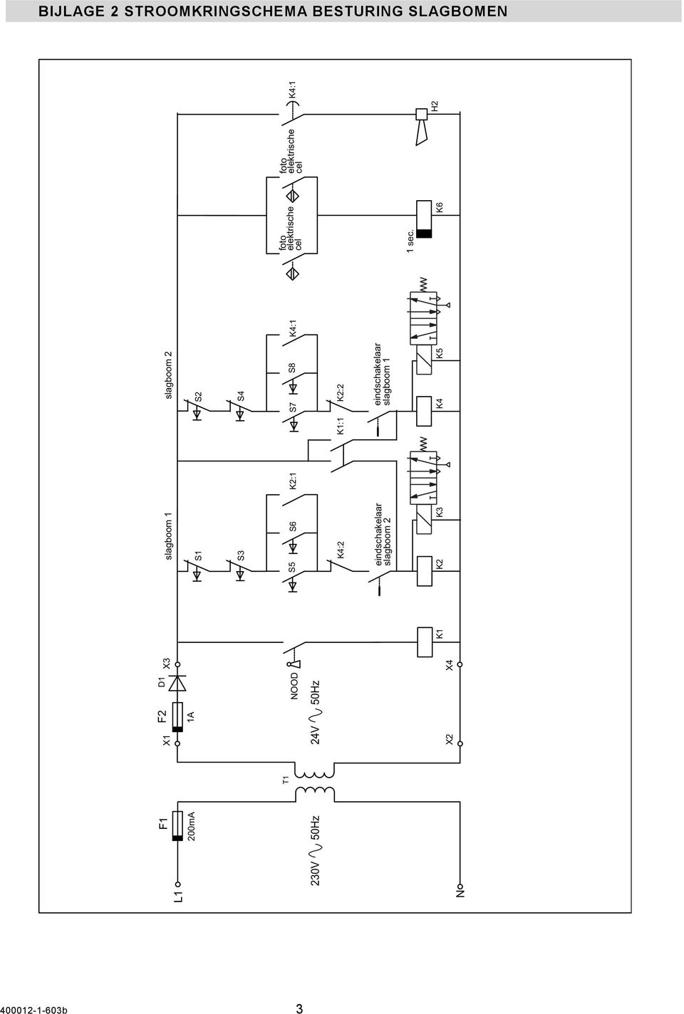 elektrische cel K4:2 K: K2:2 eindschakelaar slagboom 2 eindschakelaar slagboom sec.