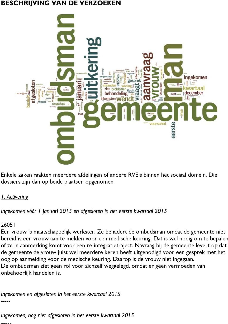 Ze benadert de ombudsman omdat de gemeente niet bereid is een vrouw aan te melden voor een medische keuring. Dat is wel nodig om te bepalen of ze in aanmerking komt voor een re-integratietraject.