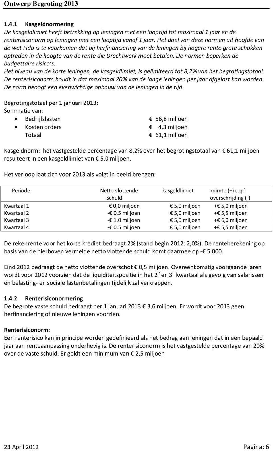 betalen. De normen beperken de budgettaire risico s. Het niveau van de korte leningen, de kasgeldlimiet, is gelimiteerd tot 8,2% van het begrotingstotaal.