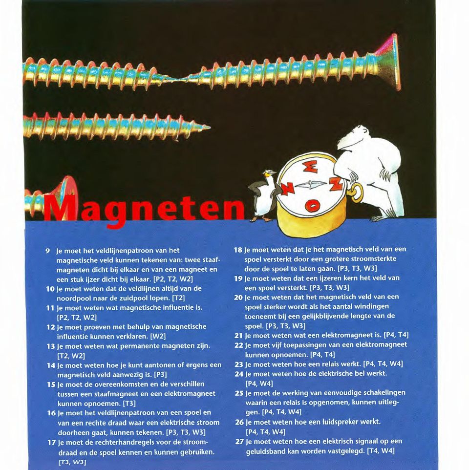 [P2, T2, W2] 12 Je moet proeven met behulp van magnetische influentie kunnen verklaren. [W2] 13 Je moet weten wat permanente magneten zijn.