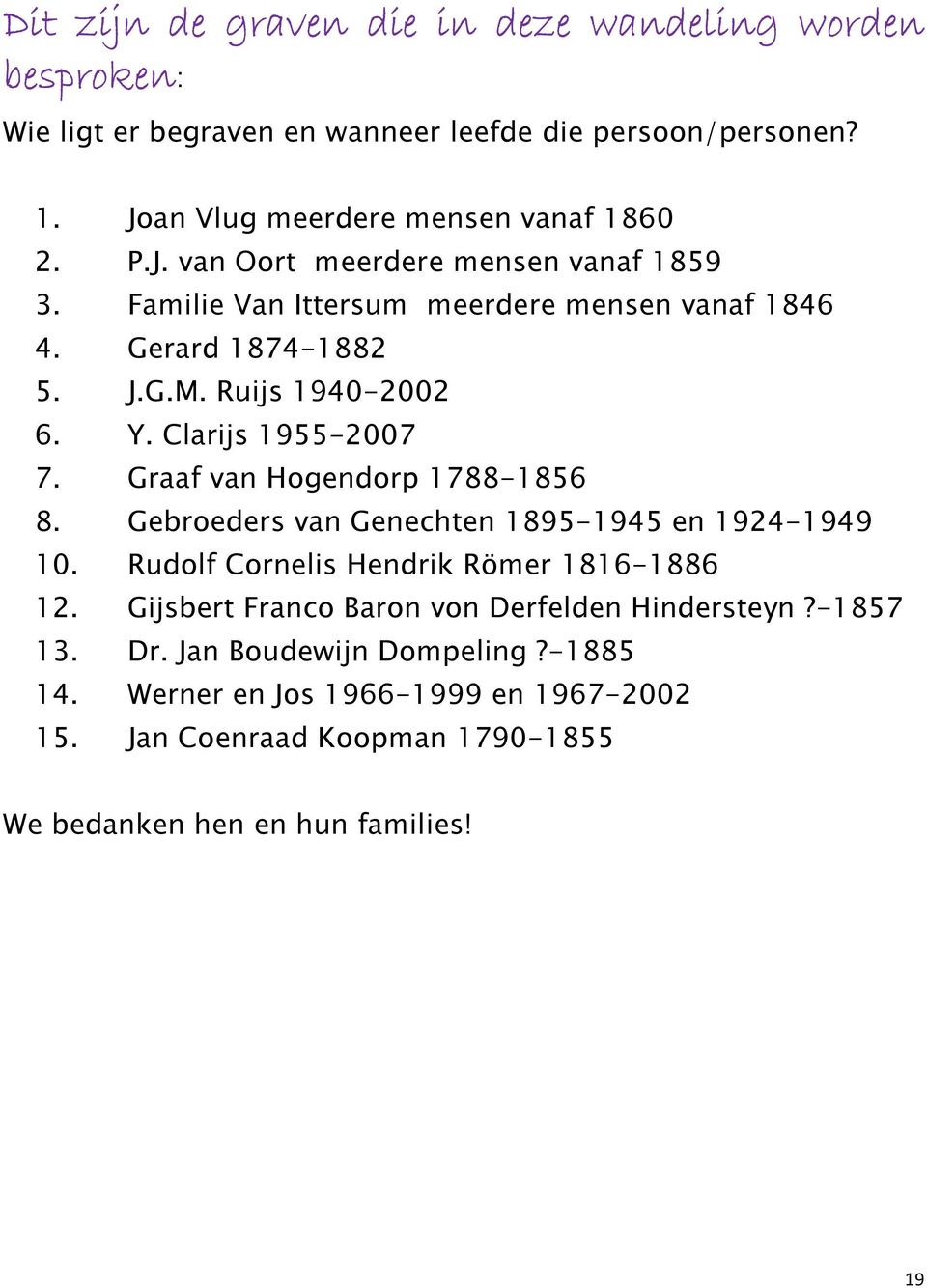 Ruijs 1940-2002 6. Y. Clarijs 1955-2007 7. Graaf van Hogendorp 1788-1856 8. Gebroeders van Genechten 1895-1945 en 1924-1949 10.