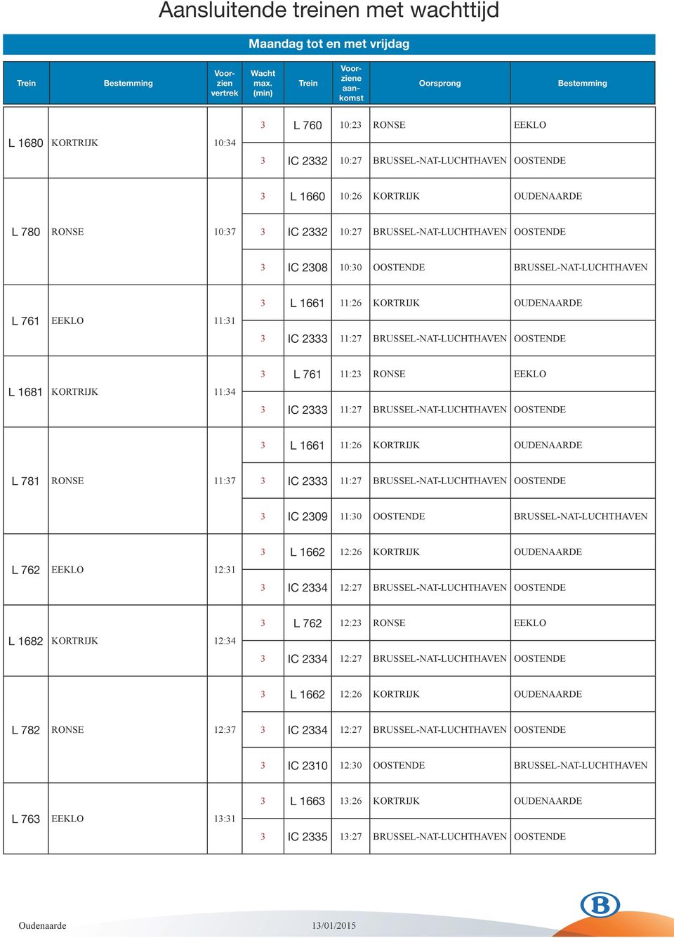 2333 11:27 BRUSSEL-NAT-LUCHTHAVEN OOSTENDE 3 L 1661 11:26 KORTRIJK OUDENAARDE L 781 RONSE 11:37 3 IC 2333 11:27 BRUSSEL-NAT-LUCHTHAVEN OOSTENDE 3 IC 2309 11:30 OOSTENDE BRUSSEL-NAT-LUCHTHAVEN L 762