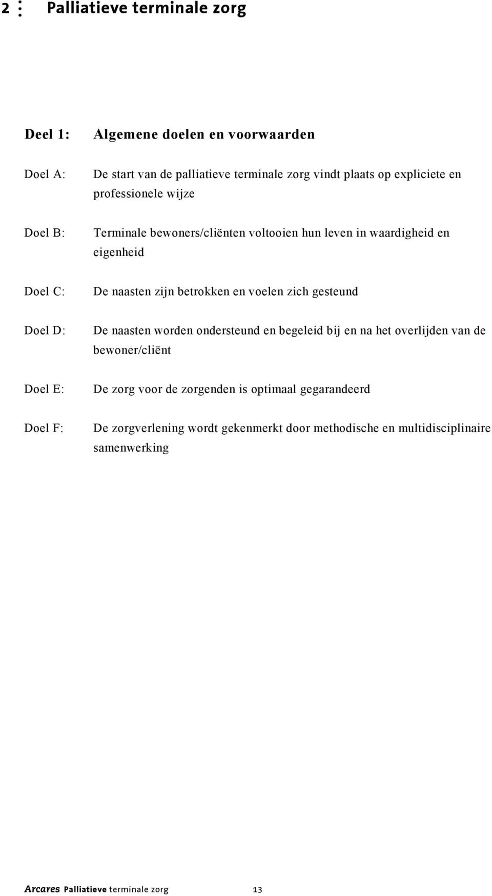 voelen zich gesteund Doel D: De naasten worden ondersteund en begeleid bij en na het overlijden van de bewoner/cliënt Doel E: De zorg voor de