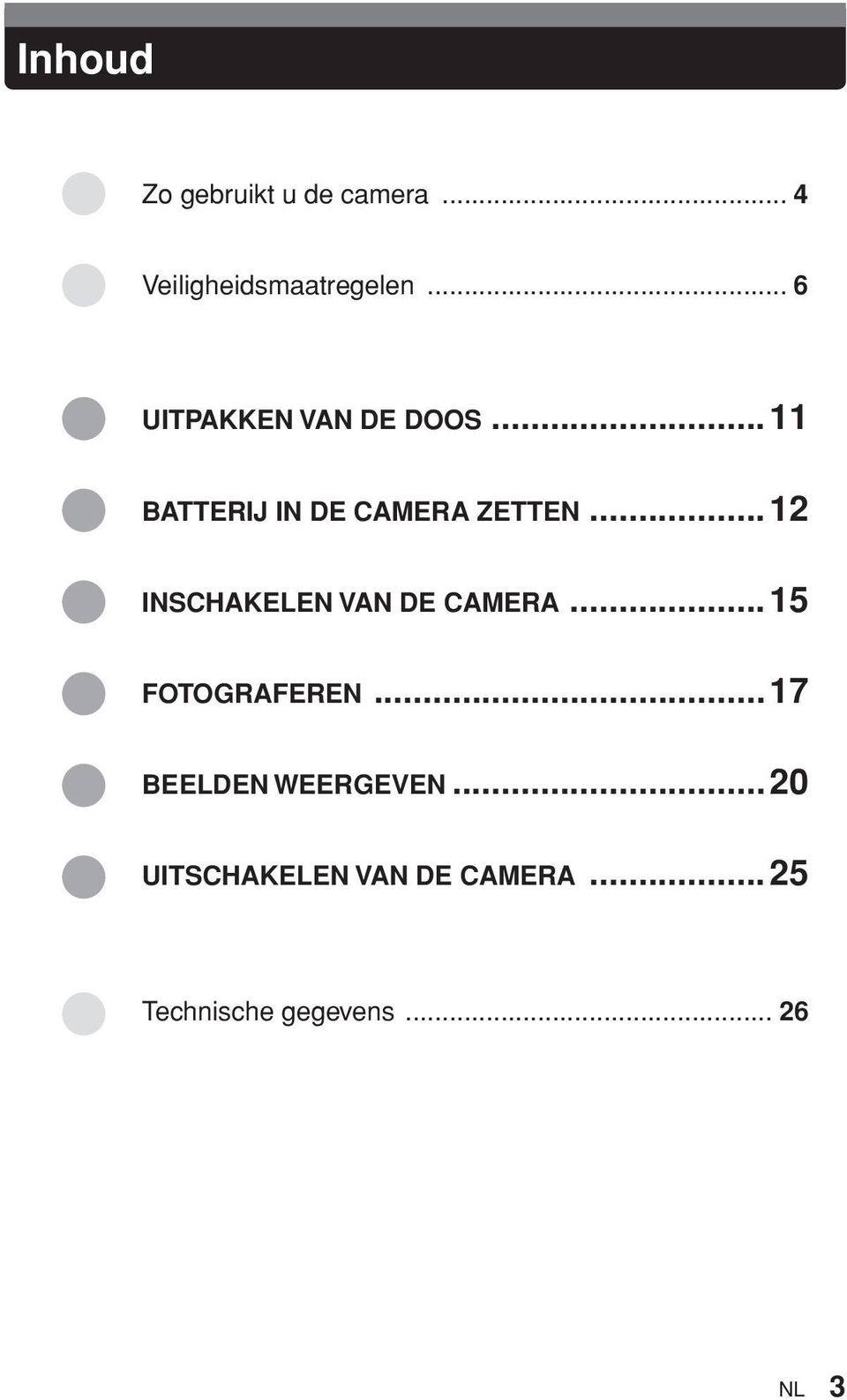 ..12 INSCHAKELEN VAN DE CAMERA...15 FOTOGRAFEREN.