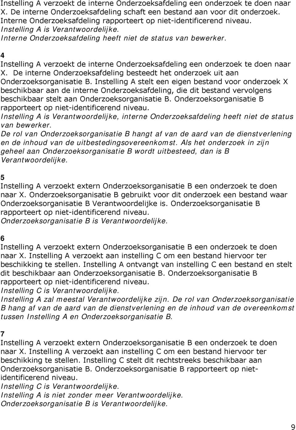 4 Instelling A verzoekt de interne Onderzoeksafdeling een onderzoek te doen naar X. De interne Onderzoeksafdeling besteedt het onderzoek uit aan Onderzoeksorganisatie B.