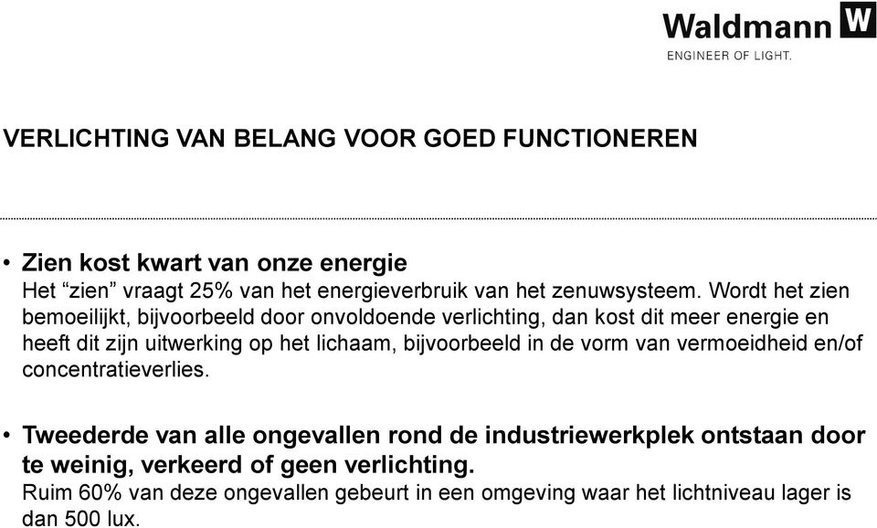 Wordt het zien bemoeilijkt, bijvoorbeeld door onvoldoende verlichting, dan kost dit meer energie en heeft dit zijn uitwerking op het