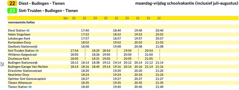 Wilderen Galgestraat 18:00 18:26 19:00 20:00 21:00 Zoutleeuw Kerk 18:05 18:31 19:05 20:05 21:05 Budingen Stationswijk 18:12 18:14 18:38 19:12 19:14 20:12 20:14 21:12 21:14 Budingen Garage Van Mullem