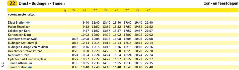 Stationswijk 8:14 10:14 12:14 14:14 16:14 18:14 20:14 22:14 Budingen Garage Van Mullem 8:16 10:16 12:16 14:16 16:16 18:16 20:16 22:16 Drieslinter Stationsstraat 8:20 10:20 12:20 14:20 16:20 18:20