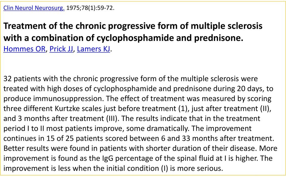 The effect of treatment was measured by scoring three different Kurtzke scales just before treatment (1), just after treatment (II), and 3 months after treatment (III).