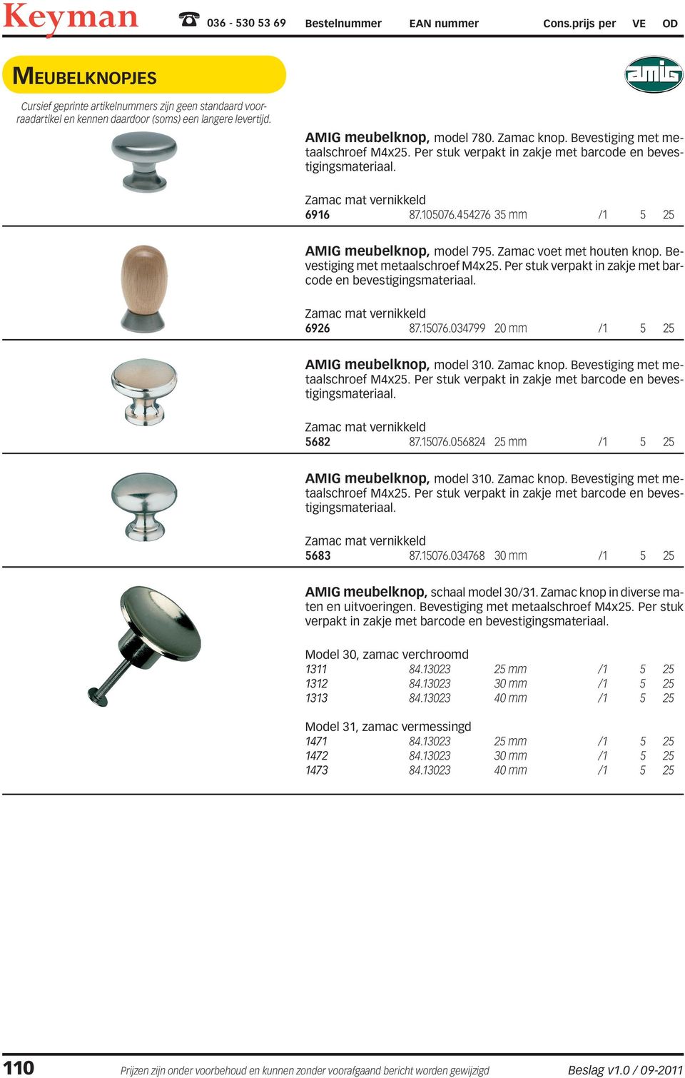 Per stuk verpakt in zakje met barcode en bevestigingsmateriaal. 6926 87.15076.034799 20 mm /1 5 25 AMIG meubelknop, model 310. Zamac knop. Bevestiging met metaalschroef M4x25.