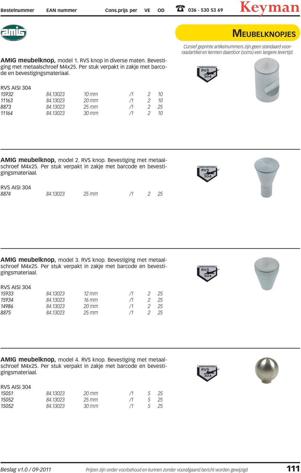 13023 30 mm /1 2 10 AMIG meubelknop, model 2. RVS knop. Bevestiging met metaalschroef M4x25. Per stuk verpakt in zakje ROESTVASTST AL RVS 304 RVS AISI 304 8874 84.