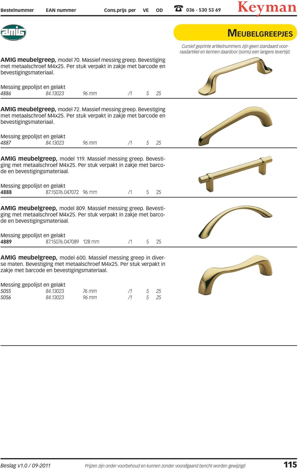 Per stuk verpakt in zakje met barcode en bevestigingsmateriaal. 4887 84.13023 96 mm /1 5 25 AMIG meubelgreep, model 119. Massief messing greep. Bevestiging met metaalschroef M4x25.