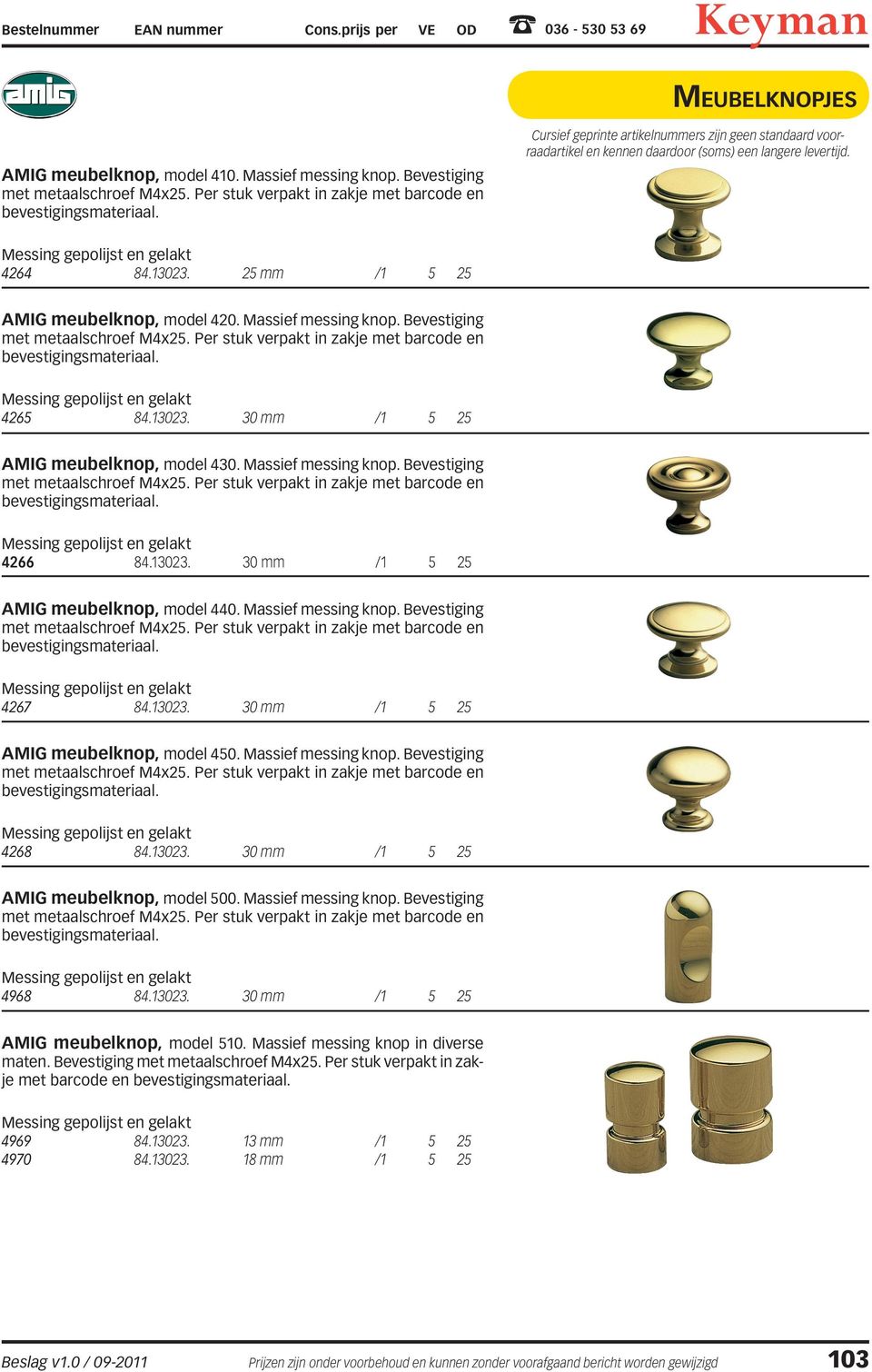 Per stuk verpakt in zakje met barcode en bevestigingsmateriaal. 4265 84.13023. 30 mm /1 5 25 AMIG meubelknop, model 430. Massief messing knop. Bevestiging met metaalschroef M4x25.