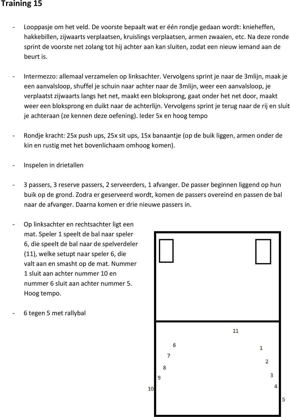 Vervolgens sprint je naar de 3mlijn, maak je een aanvalsloop, shuffel je schuin naar achter naar de 3mlijn, weer een aanvalsloop, je verplaatst zijwaarts langs het net, maakt een bloksprong, gaat