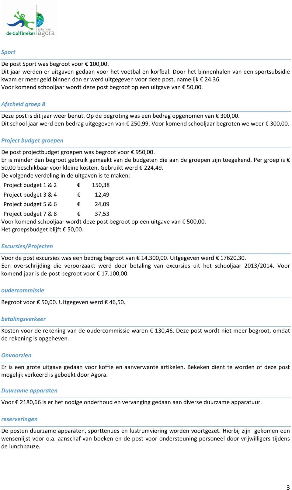 Afscheid groep 8 Deze post is dit jaar weer benut. Op de begroting was een bedrag opgenomen van 300,00. Dit school jaar werd een bedrag uitgegeven van 250,99.