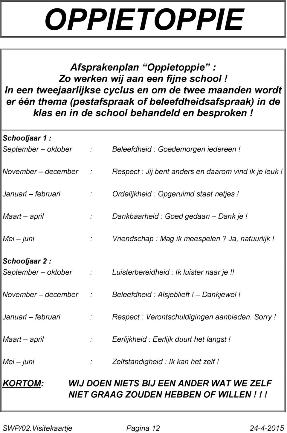 Schooljaar 1 : September oktober : Beleefdheid : Goedemorgen iedereen! November december : Respect : Jij bent anders en daarom vind ik je leuk!