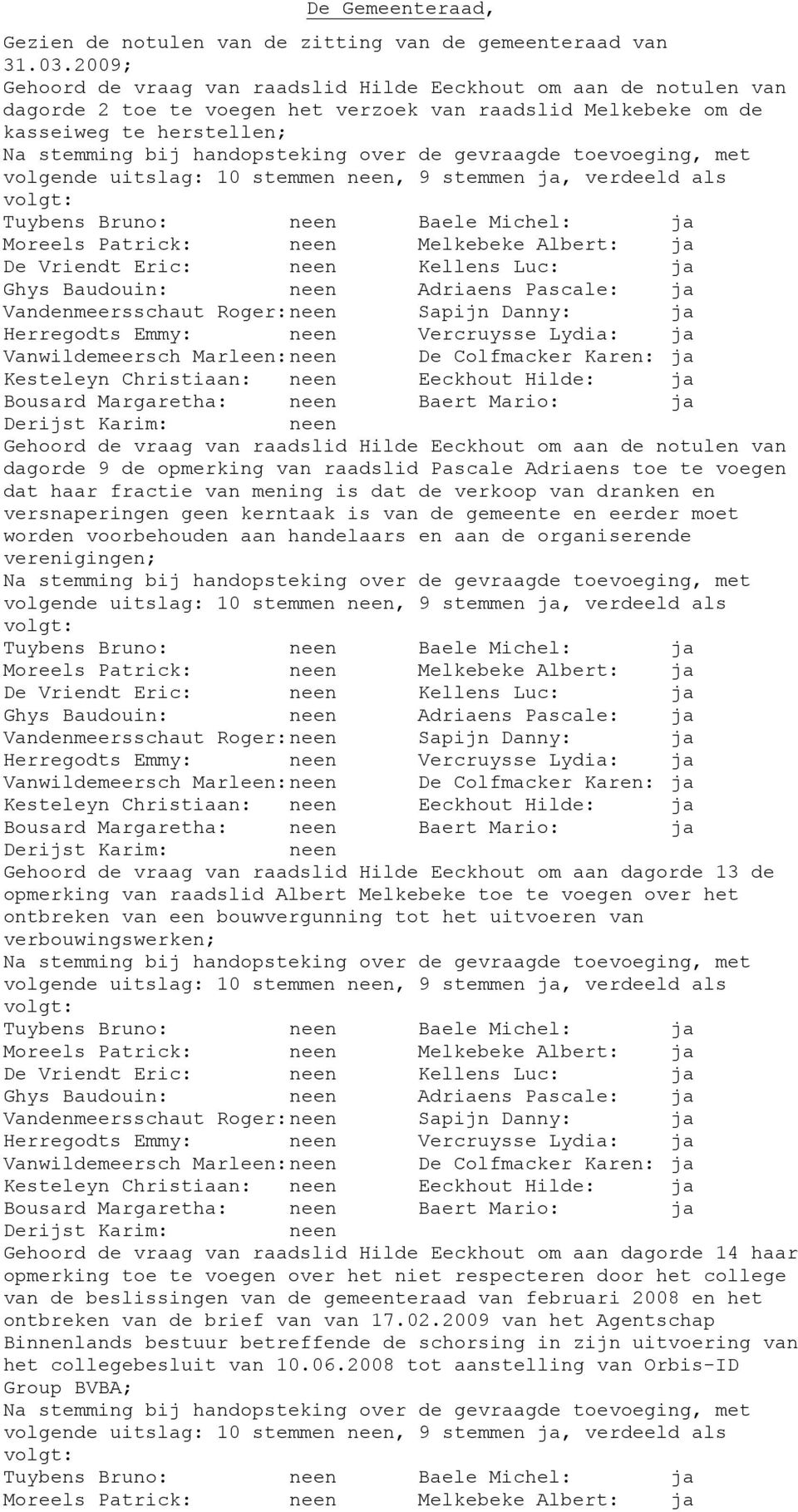 de gevraagde toevoeging, met volgende uitslag: 10 stemmen neen, 9 stemmen ja, verdeeld als Tuybens Bruno: neen Baele Michel: ja Moreels Patrick: neen Melkebeke Albert: ja De Vriendt Eric: neen