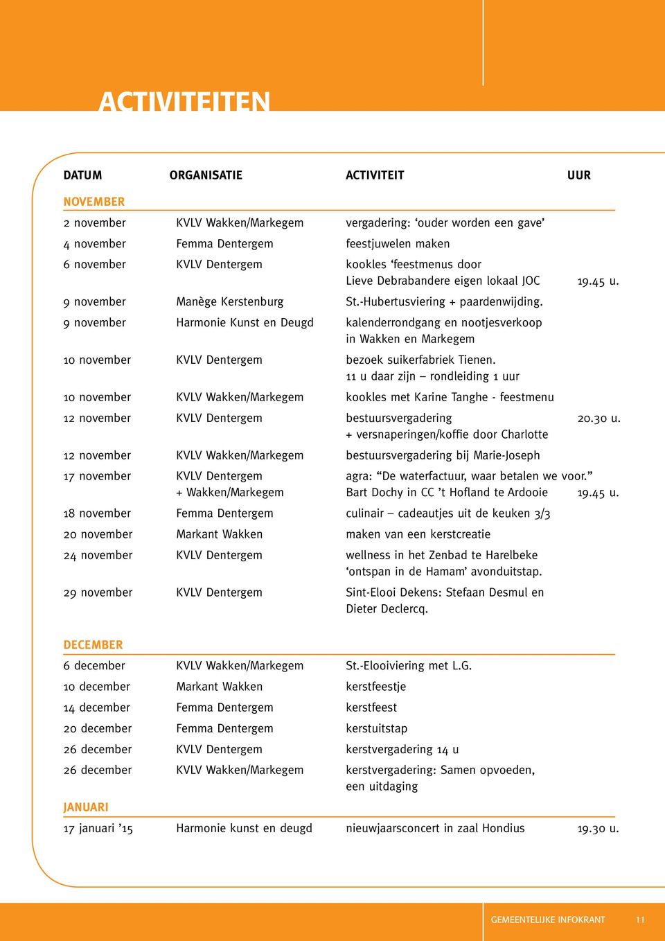 9 november Harmonie Kunst en Deugd kalenderrondgang en nootjesverkoop in Wakken en Markegem 10 november KVLV Dentergem bezoek suikerfabriek Tienen.